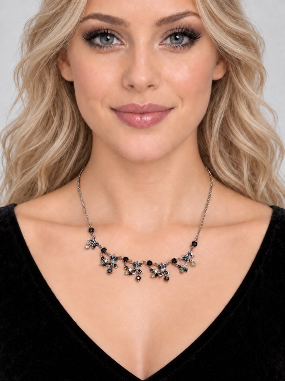 Rhinestone Black Bib Necklace Silver Tone Statement Floral Hoco Prom Adjustable